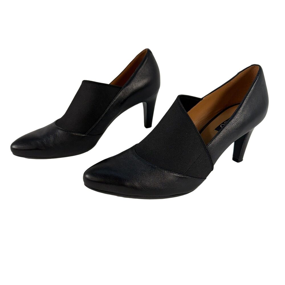 ECCO Black Leather Heeled Pumps Elastic Band Pointed Toe Women's EU 40 US 10